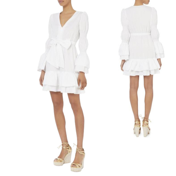Intermix White Bennet Smocked Sleeve Short Tiered Ruffle Dress Tie Front Sz Sm - Picture 1 of 12